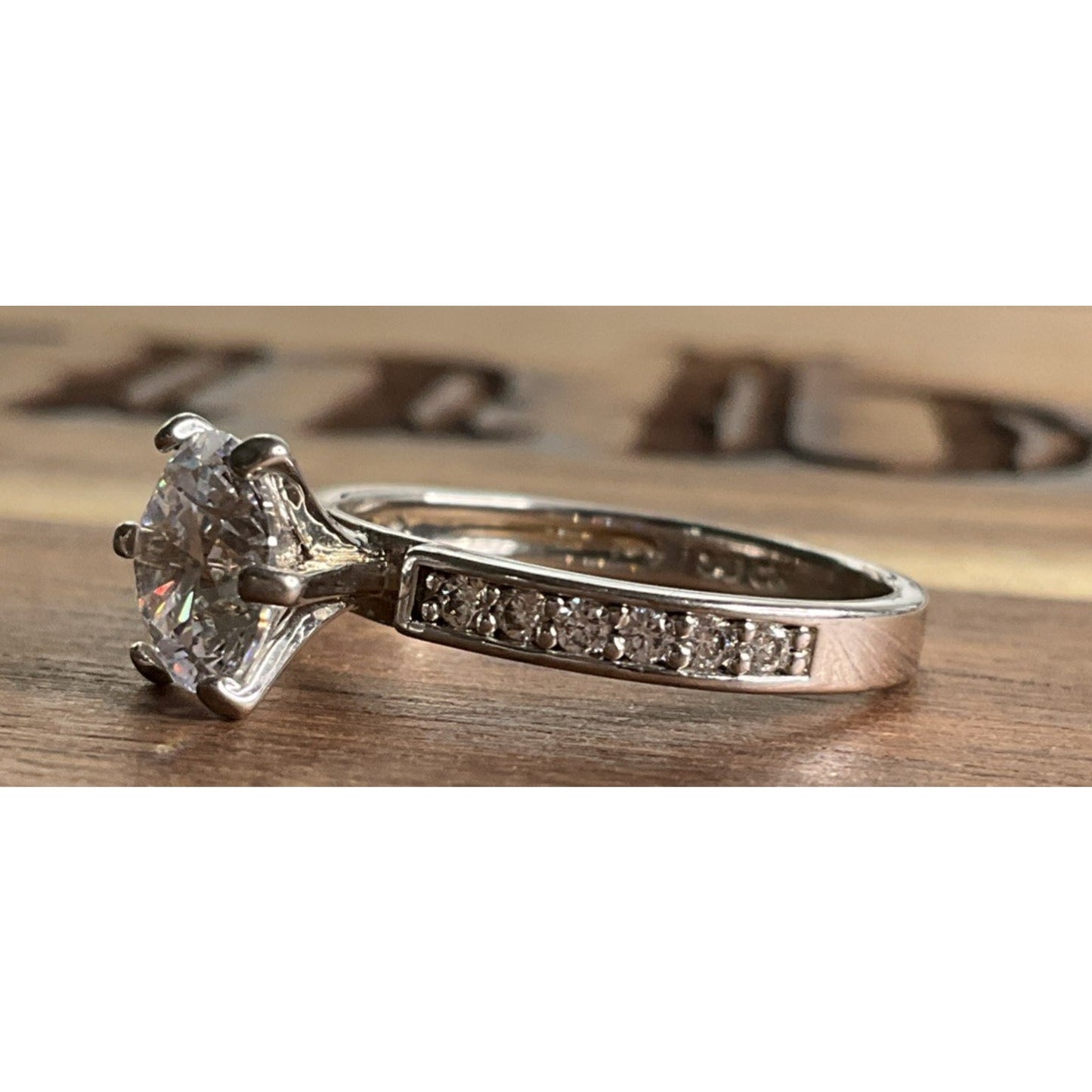 SU Sterling Silver Glass Solitaire Ring Moissanite Accents Size 6.5