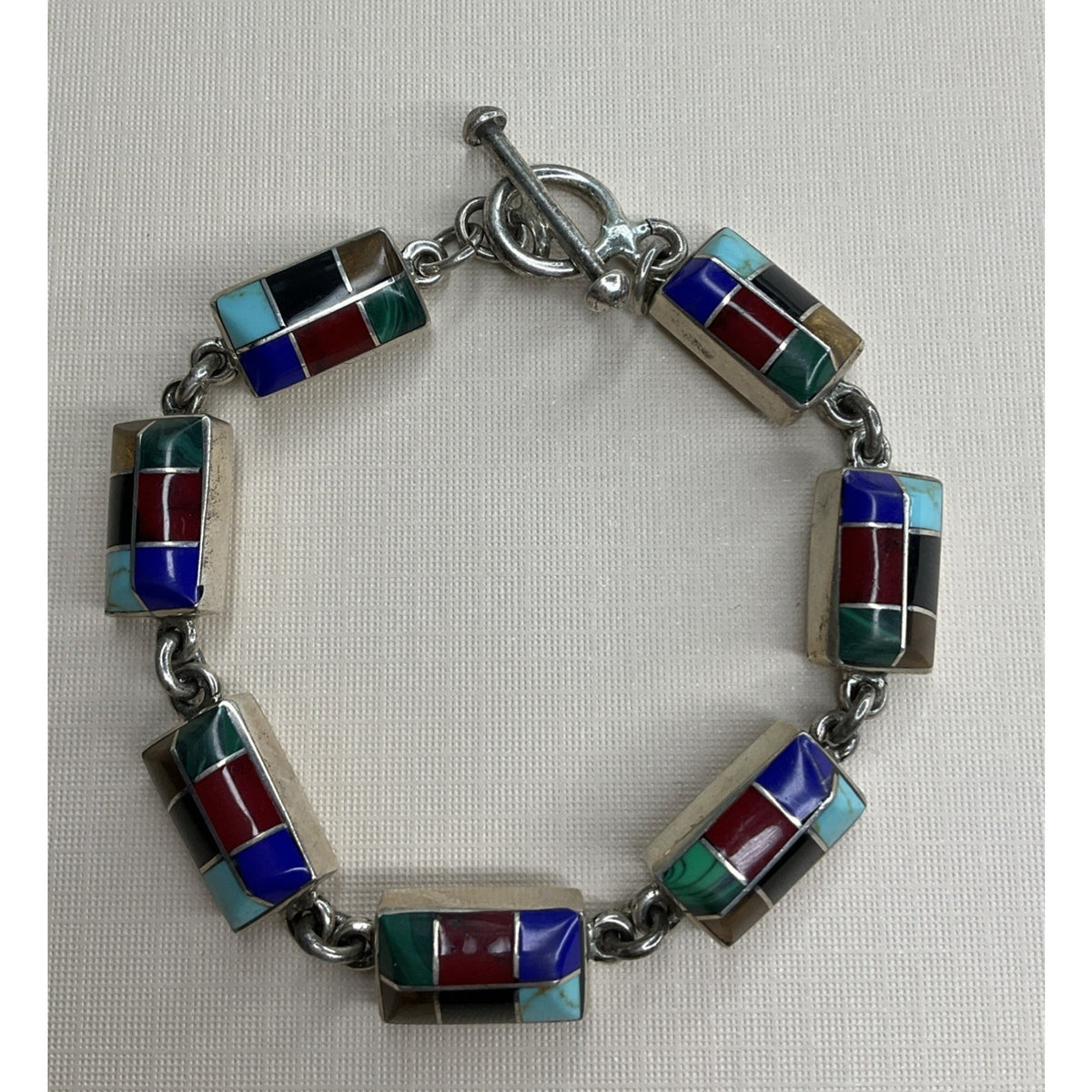 Vintage Mexico 925 Sterling Silver Multi Stone Inlay Link Bracelet 31g 7.5