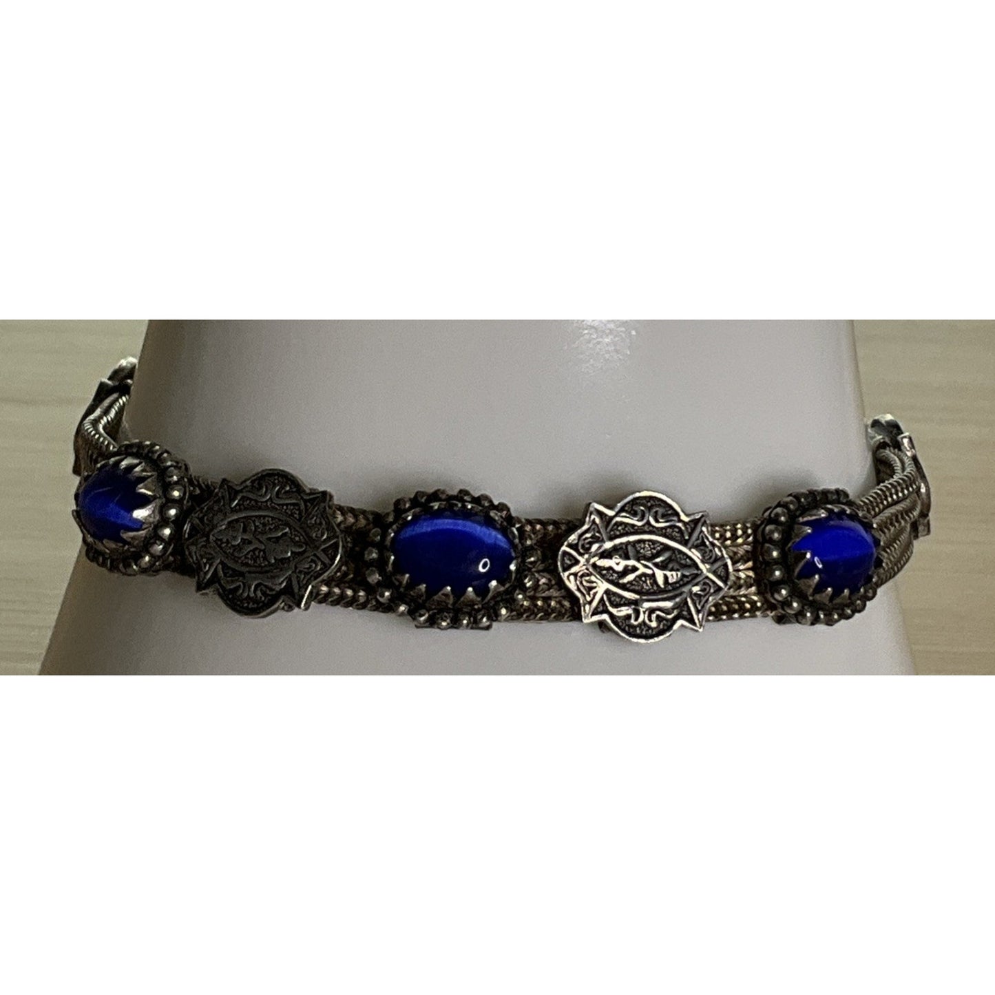 Vintage 925 Sterling Silver Blue Cat Eye Concho Multi Strand Bracelet 7.25”
