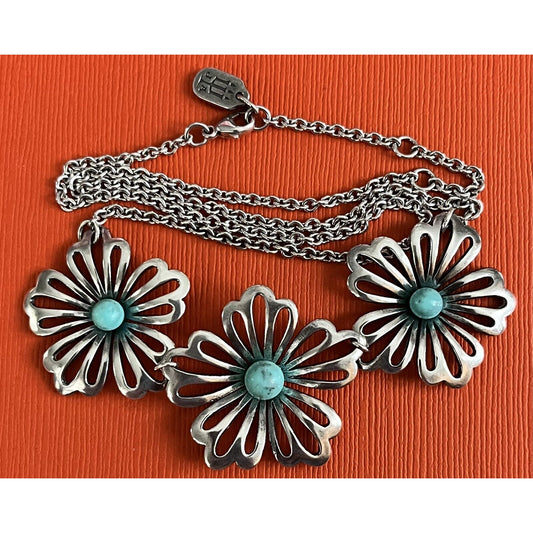 James Avery Retired Sterling Silver And Turquoise Flower Necklace 18” Pre-Owned