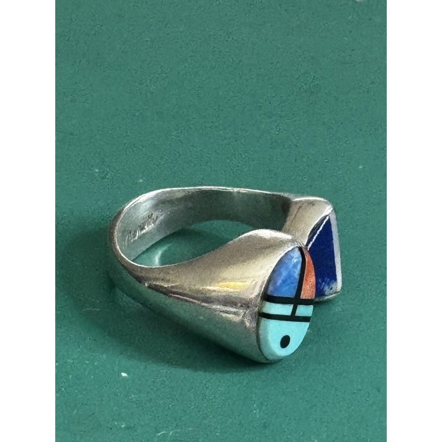 V Benally Navajo Sterling Silver Inlay Ring Turquoise Lapis Spiny Oyster Sz 7.25