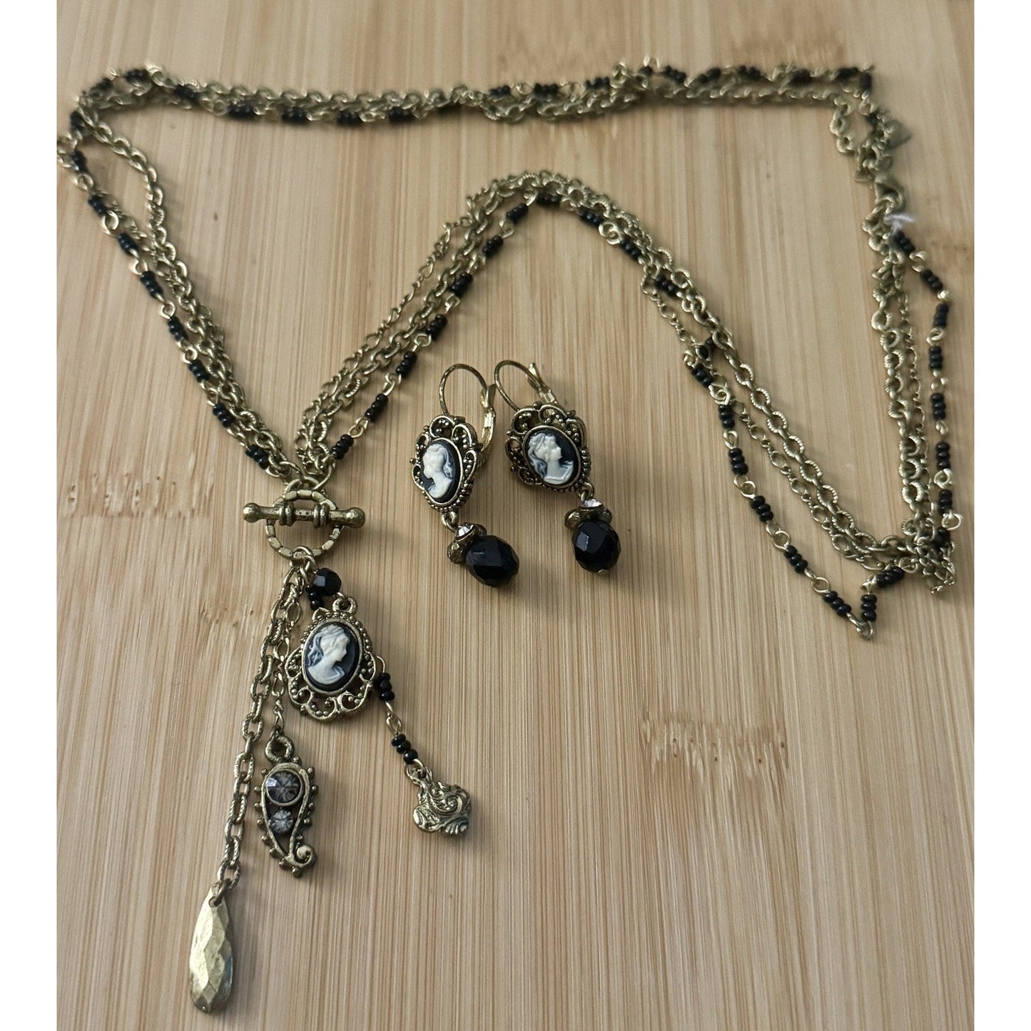 1928 Cameo Tassel Necklace Earrings Set Gold Tone Black Bead Victorian Revival