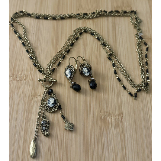 1928 Cameo Tassel Necklace Earrings Set Gold Tone Black Bead Victorian Revival