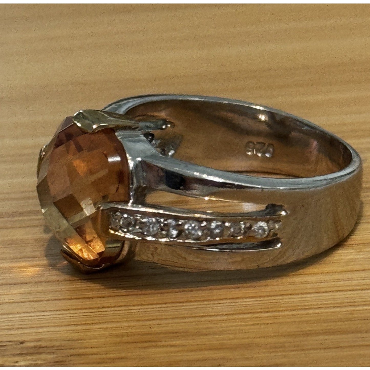 Vintage 925 Sterling Silver Champagne Quartz Statement Cocktail Ring Size 9.5
