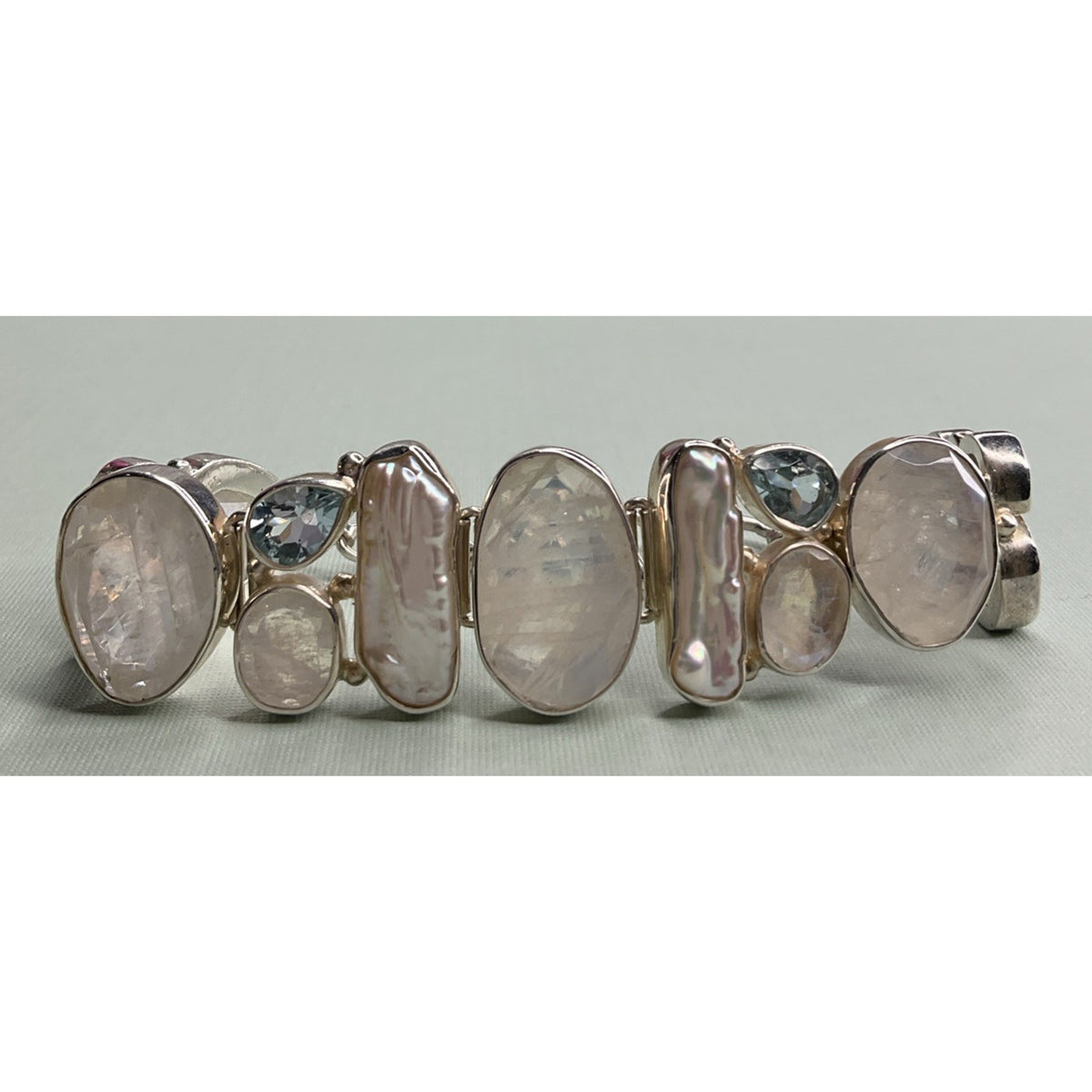Vintage Sterling Silver Rainbow Moonstone Pearl Multi Gemstone Bracelet