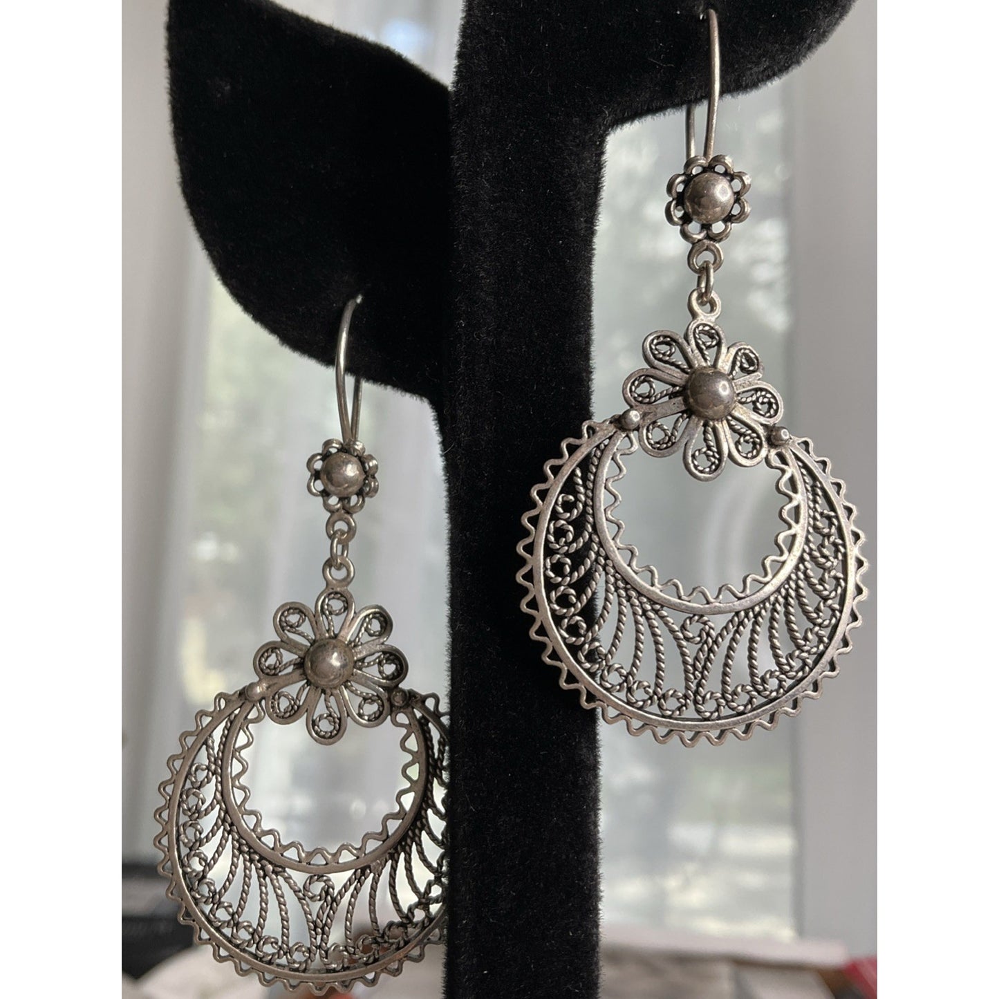 Vintage DGS Sterling Silver Turkey Filigree Crescent Moon Floral Dangle Earrings