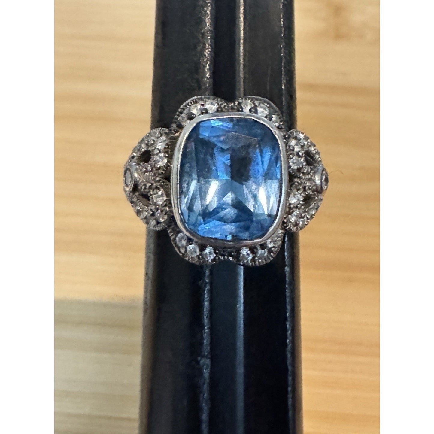 Vintage ESPO Sterling Silver Blue Topaz Ring Halo Joseph Esposito Size 8.5