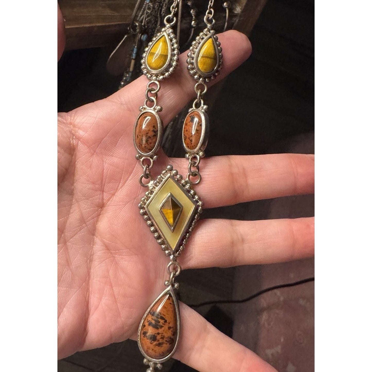 Vintage Whitney Kelly Necklace Sterling 925 Tigers Eye Jasper MOP Beaded Y Drop
