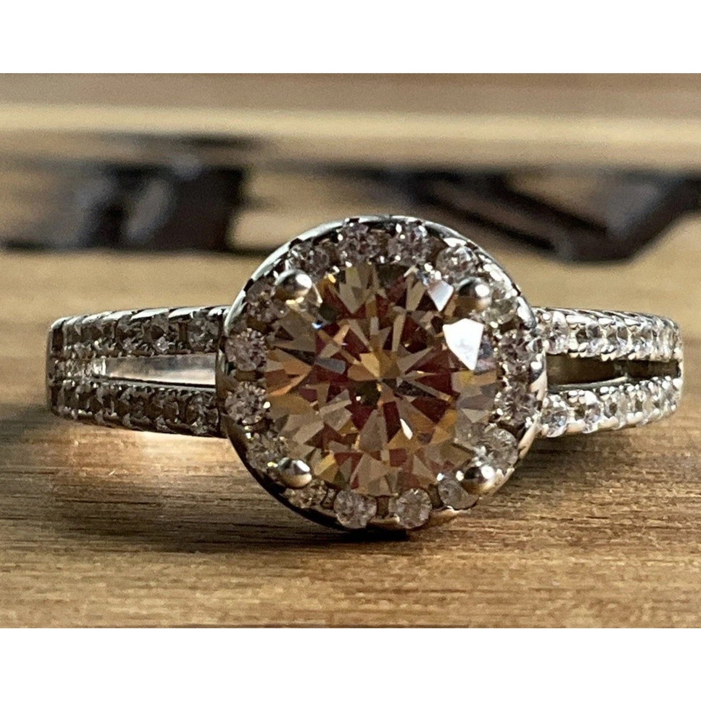 Sterling Silver Champagne CZ Halo Engagement Ring Size 7.5 Round Bridal