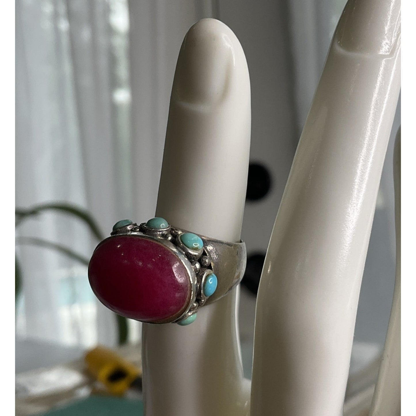 Sterling Silver 925 Pink Stone Turquoise Ring Statement Wide Band Size 5.5