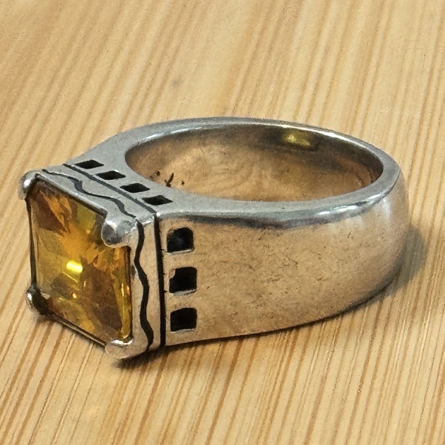 Vintage EX EX Sterling Silver 4-5 Carat Citrine Emerald Cut 925 Ring Size 8, 15g