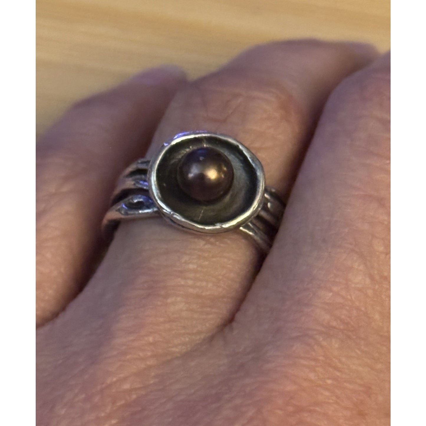 Vintage Genuine Dark Pearl Modernist Sterling Silver 925 Ring Size 8