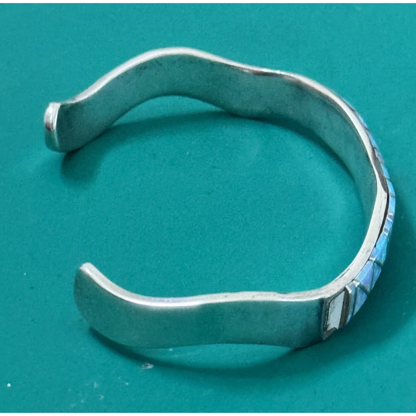 Vintage Southwestern Sterling Silver Blue Green Opal Inlay Cuff Bracelet 22g