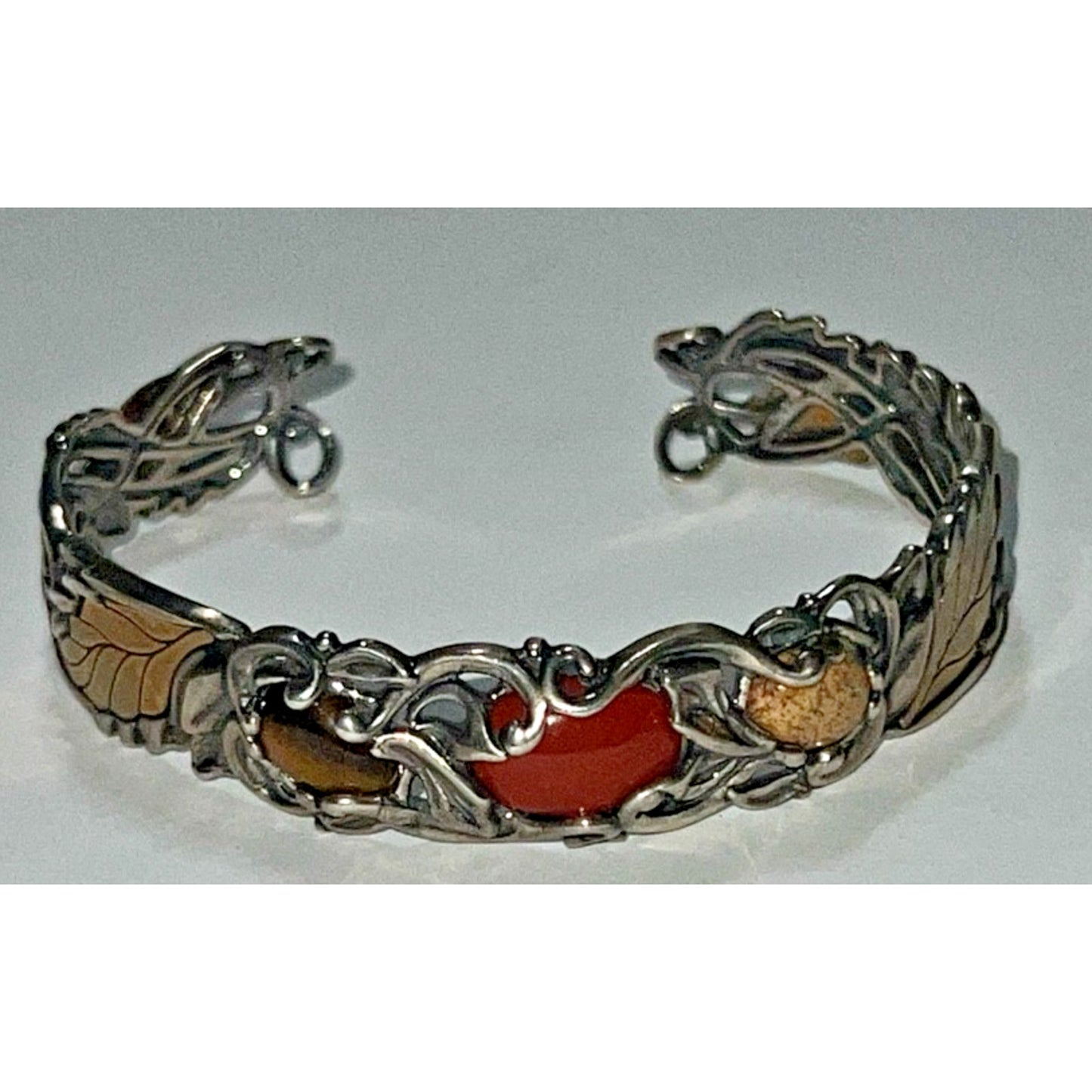 Artisan Brass & Sterling Silver Leaf Cuff Bracelet Jasper Tiger’s Eye Onyx 28g