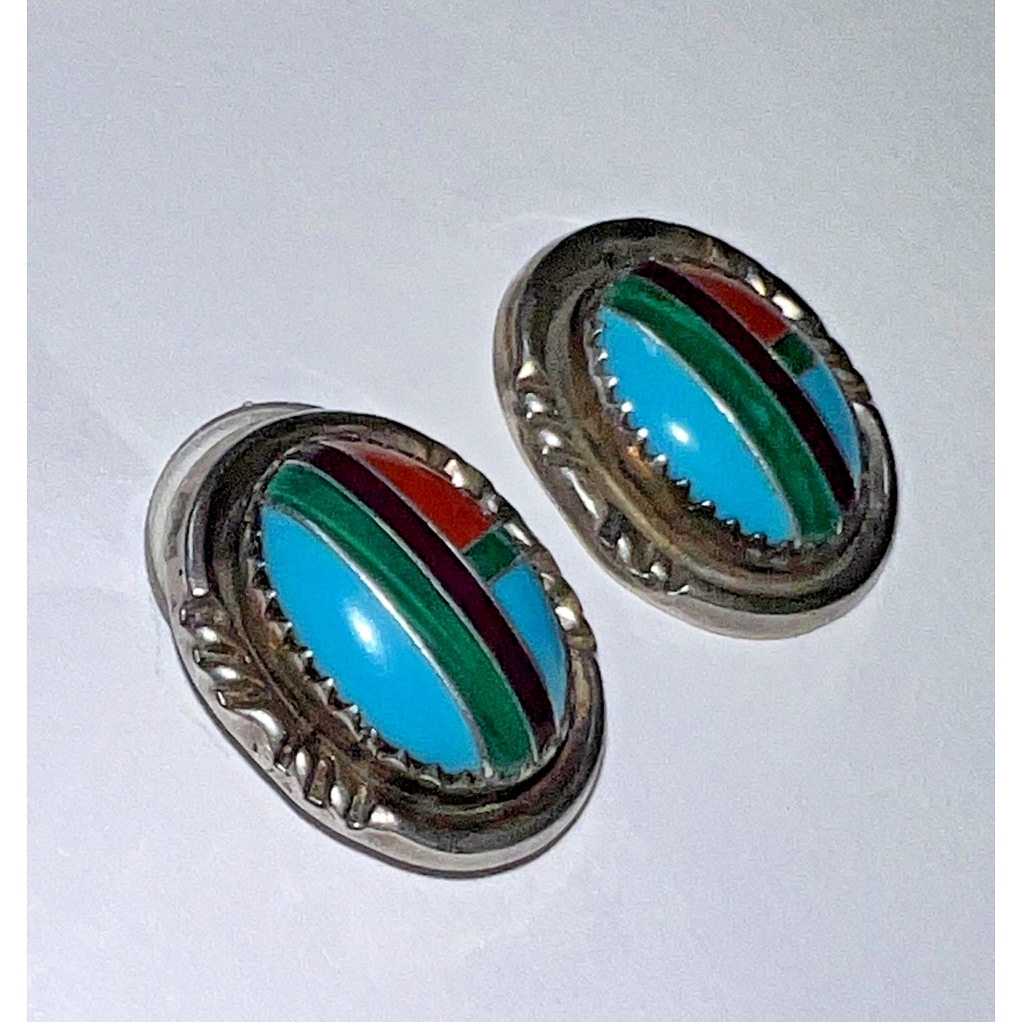 Native American Sterling Silver Inlay Turquoise Earrings RB Richard Begay