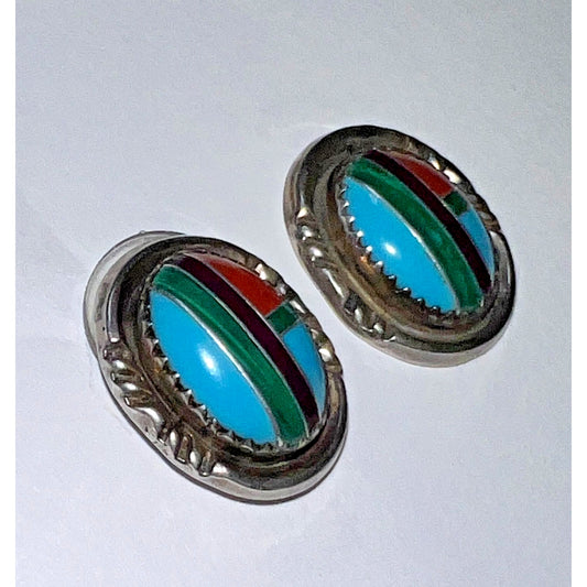 Native American Sterling Silver Inlay Turquoise Earrings RB Richard Begay