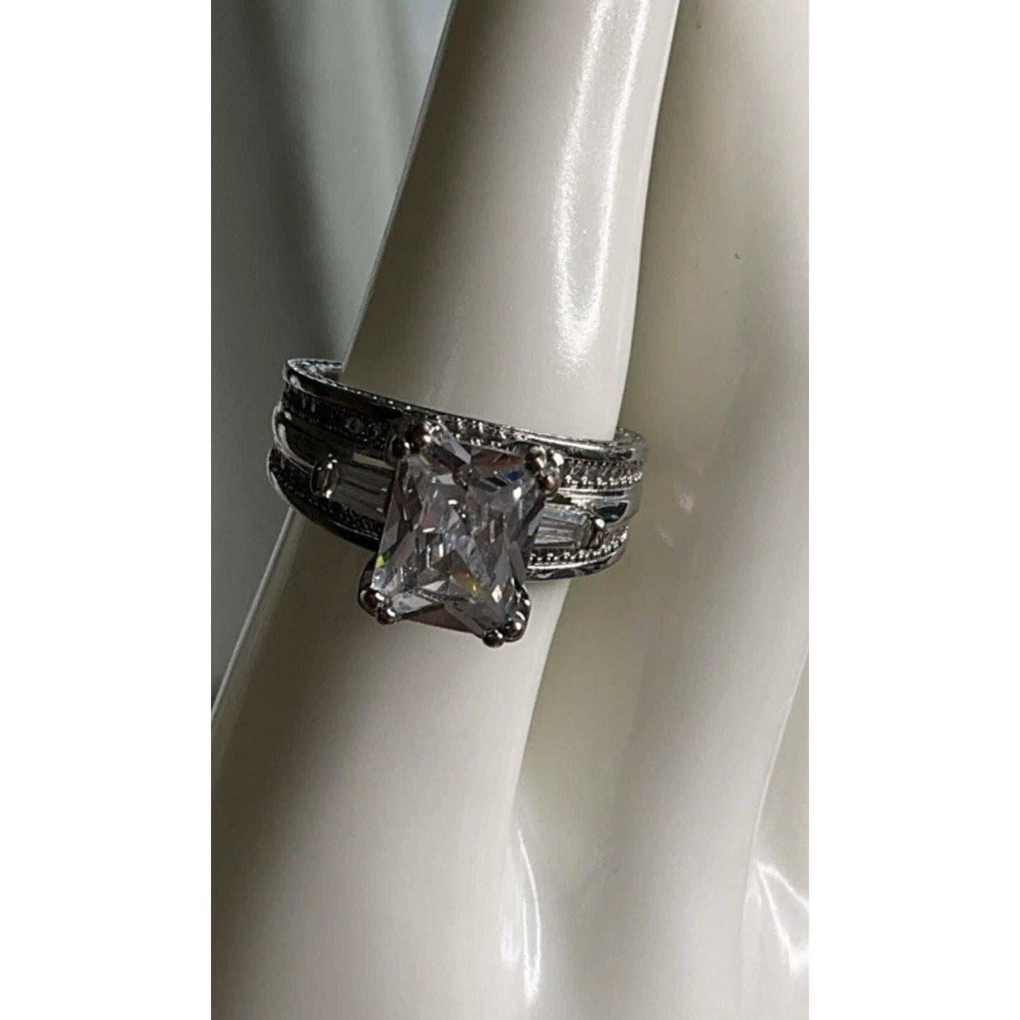 Large Square Cut CZ Ring Multi Band Sterling Silver Statement Ring 8.5
