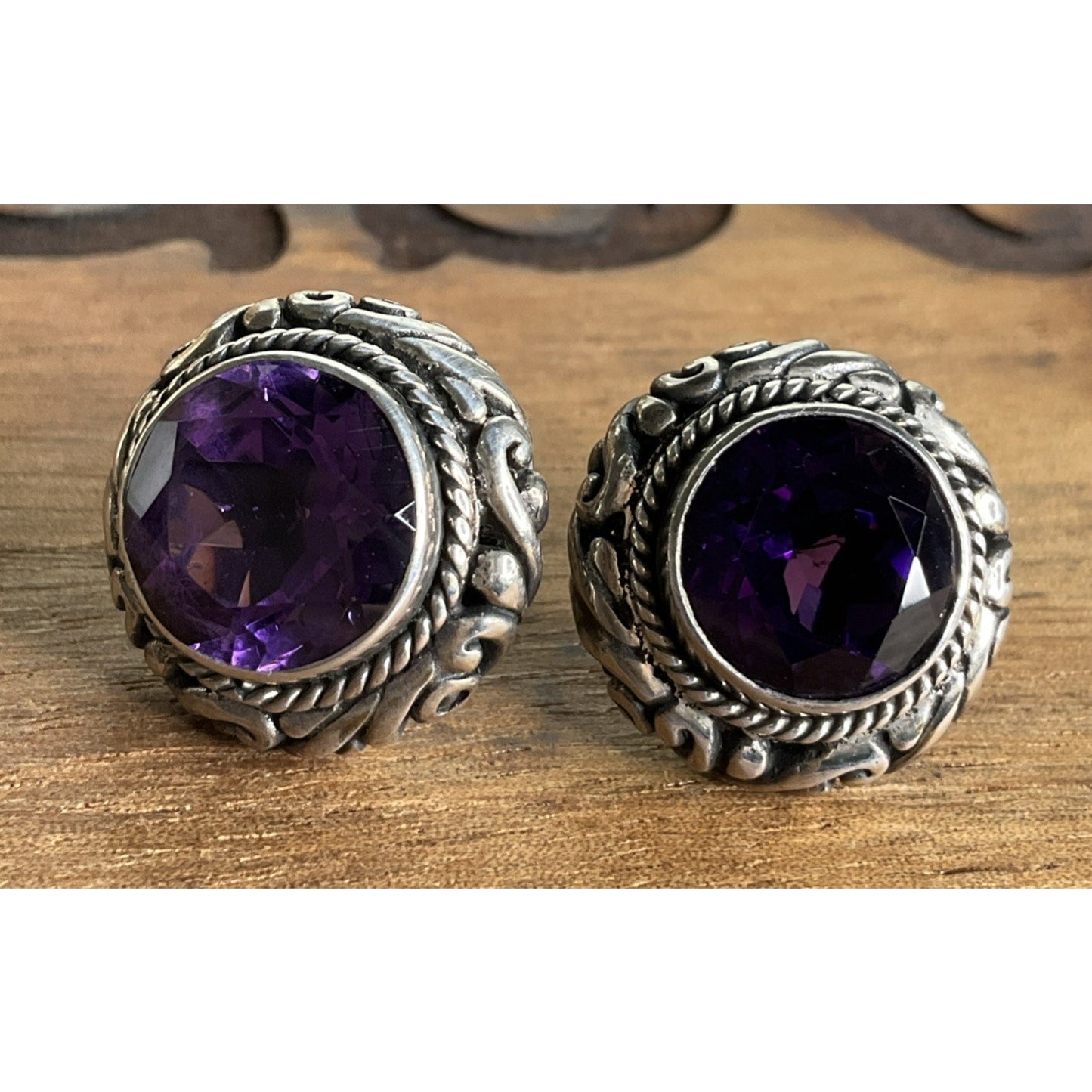 Vintage Sterling Silver Amethyst Purple Bali Stud Earrings