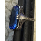 Vintage Sterling Silver Ring with Large Blue Glass Emerald Cut Stone Art Deco