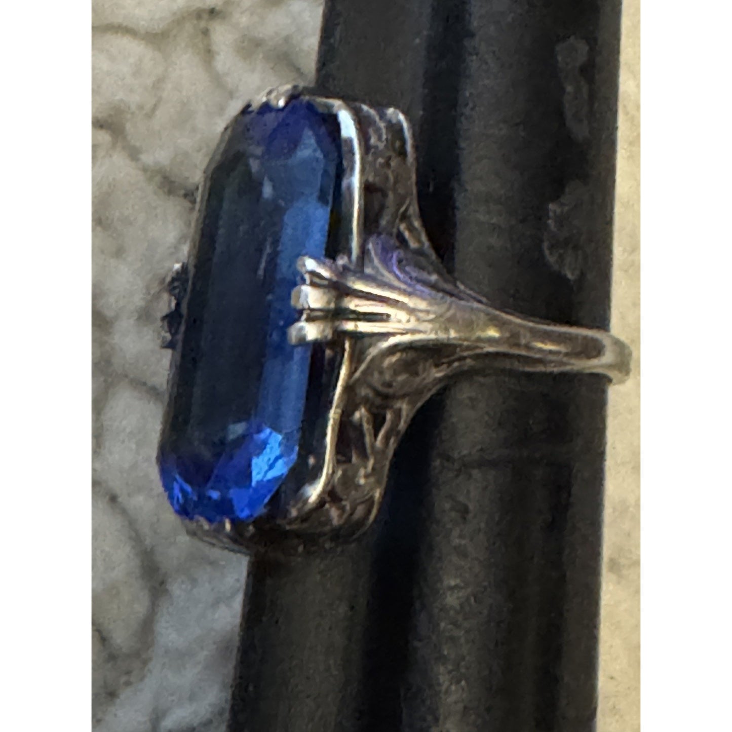 Vintage Sterling Silver Ring with Large Blue Glass Emerald Cut Stone Art Deco