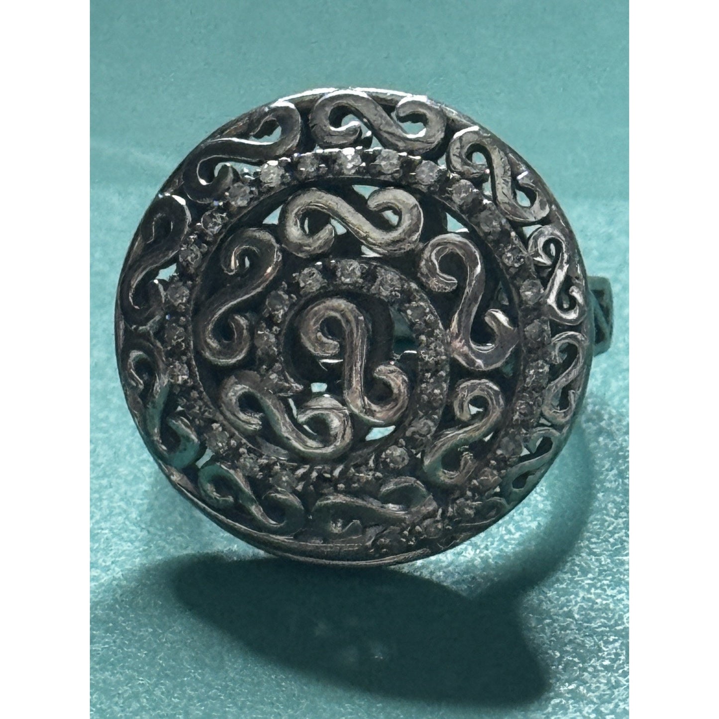 Vintage Sterling Silver Diamond Pavé Dome Scroll Bold Ring Size 7.5 7.8g