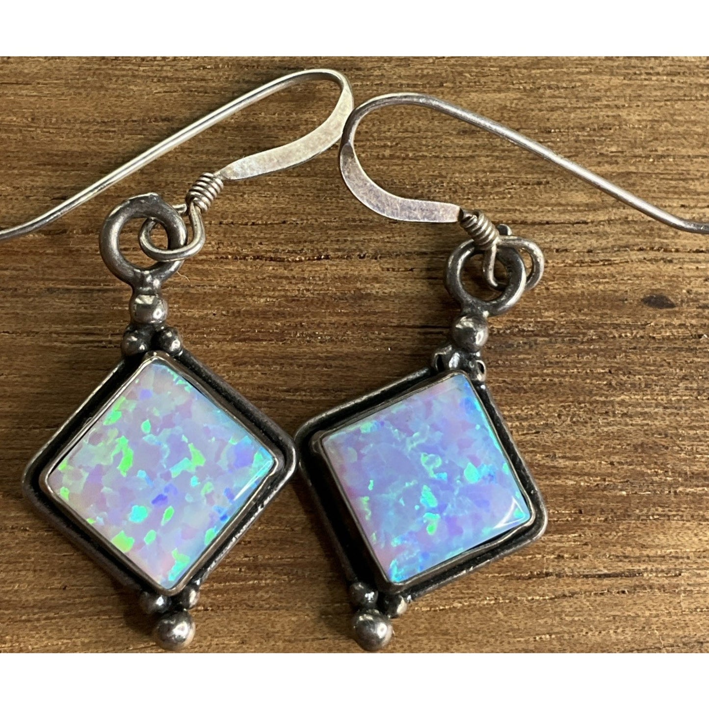 Vintage Sterling Silver Geometric Blue Iridescent Fire Opal Dangle Drop Earrings