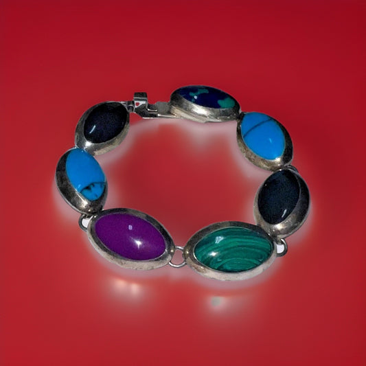 Vintage Sterling Silver Multi Stone Inlay Bracelet 29g Malachite Turquoise 7.5”