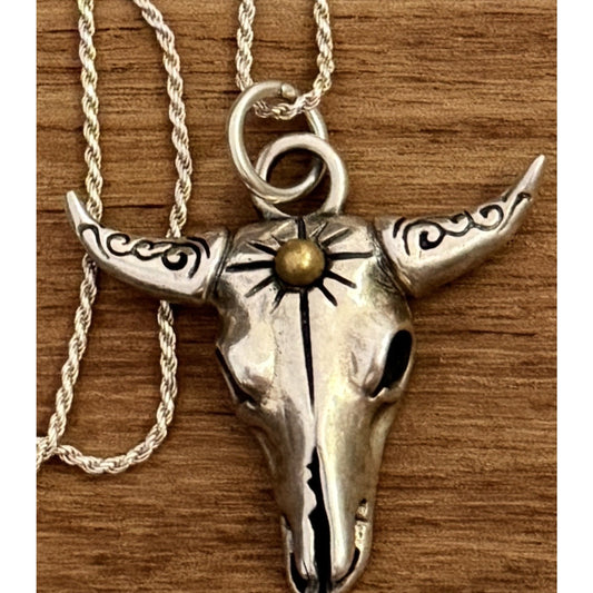 Vintage Sterling Silver Bull Skull Necklace Italy 925 20” Western Boho Pendant