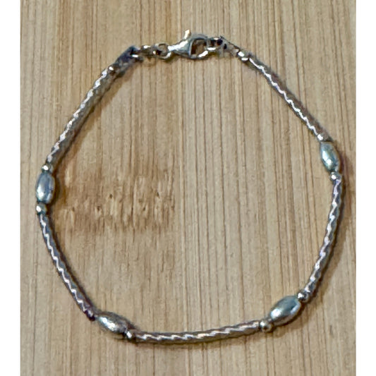 Vintage Italy Sterling Silver Oval Beaded Textured Station Dainty Bracelet 7”