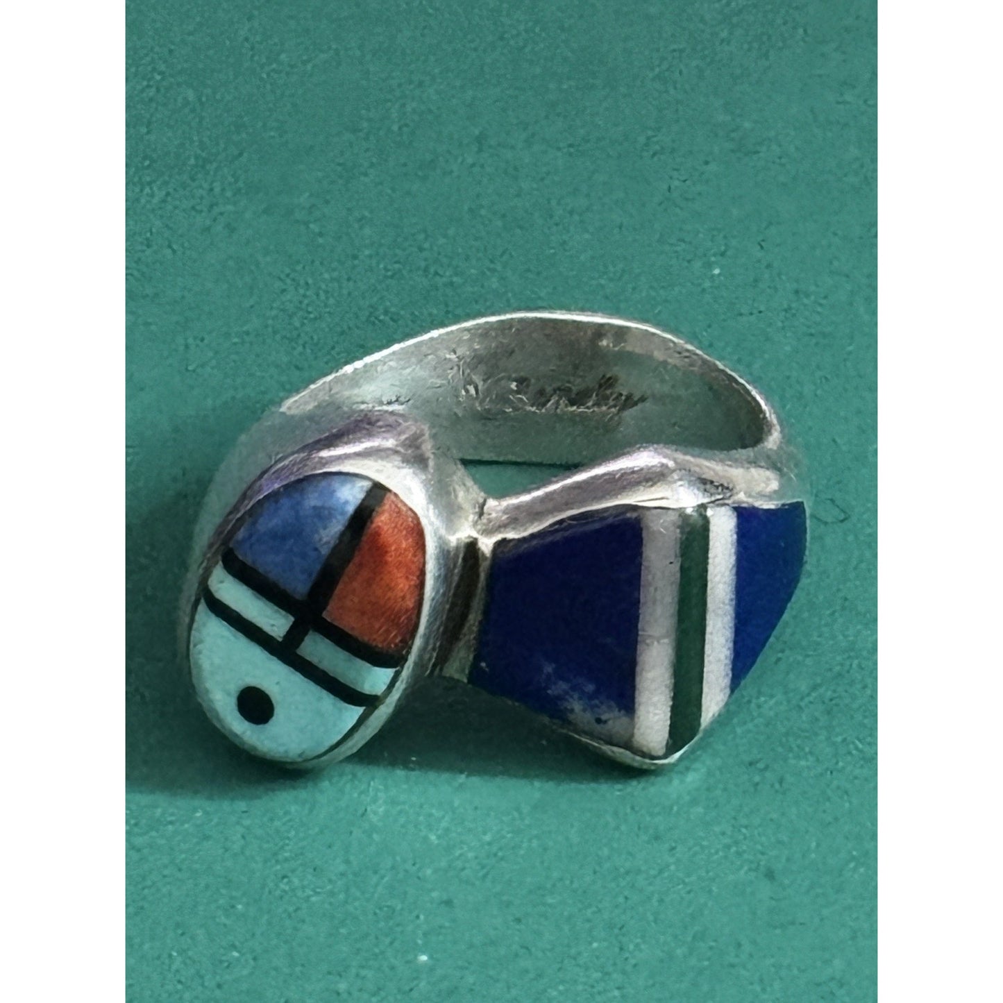 V Benally Navajo Sterling Silver Inlay Ring Turquoise Lapis Spiny Oyster Sz 7.25