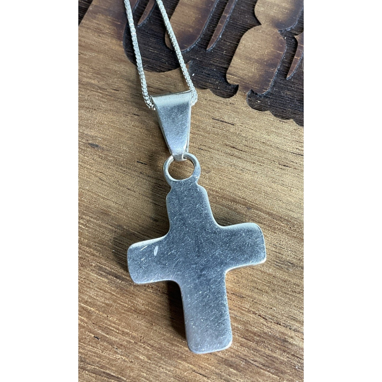 Vintage Sterling Silver Puffy Cross Pendant Necklace Rounded Cross