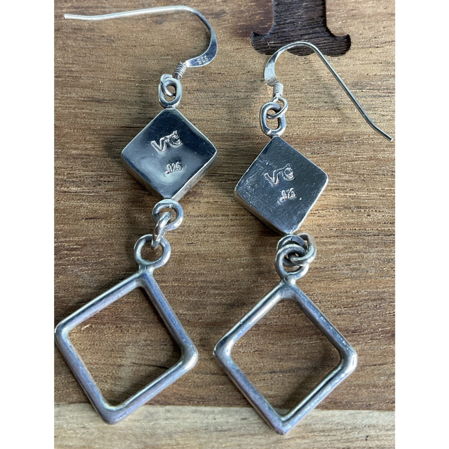 Vintage VC Sterling Silver Black Onyx Square Open Geometric Dangle Drop Earrings
