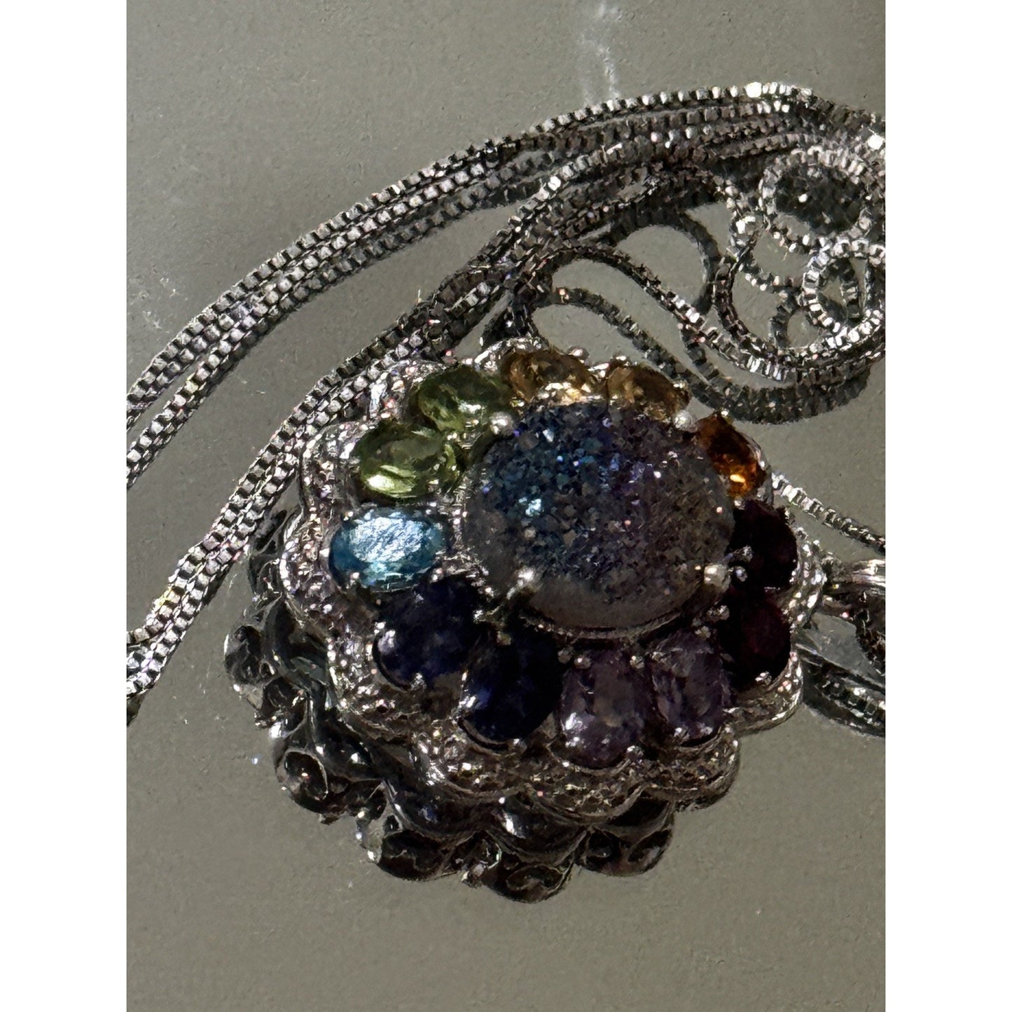 Vintage Victorian 925 Sterling Rainbow Gemstone Druzy Pendant Necklace 18”