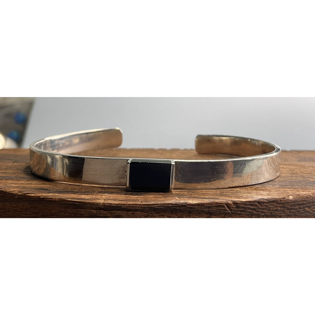 Vintage Sterling Silver Cuff Bracelet Black Inlay Minimalist Modernist 13g
