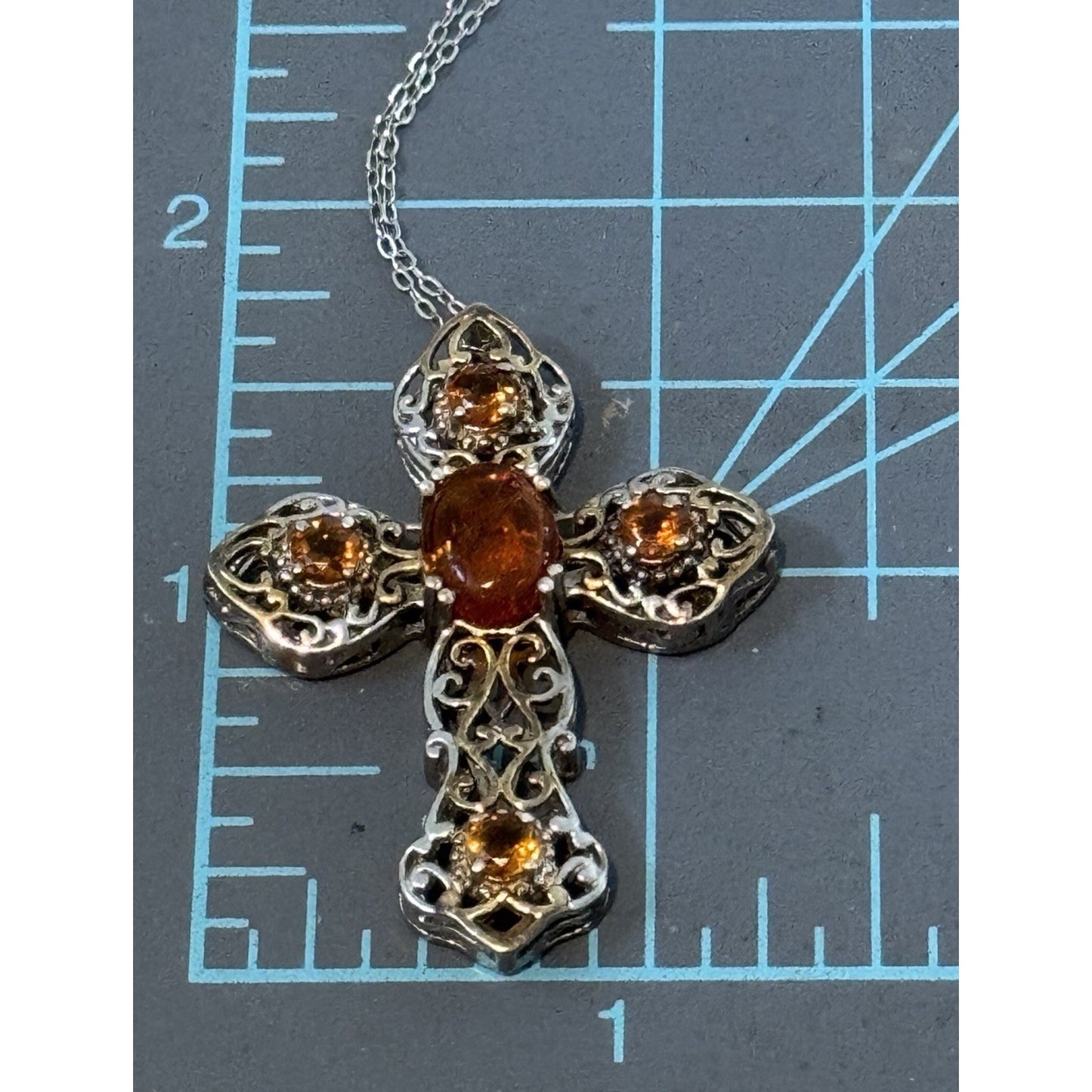 Vintage Amber & Citrine Sterling Silver Two Tone Cross And 925 Necklace 20”