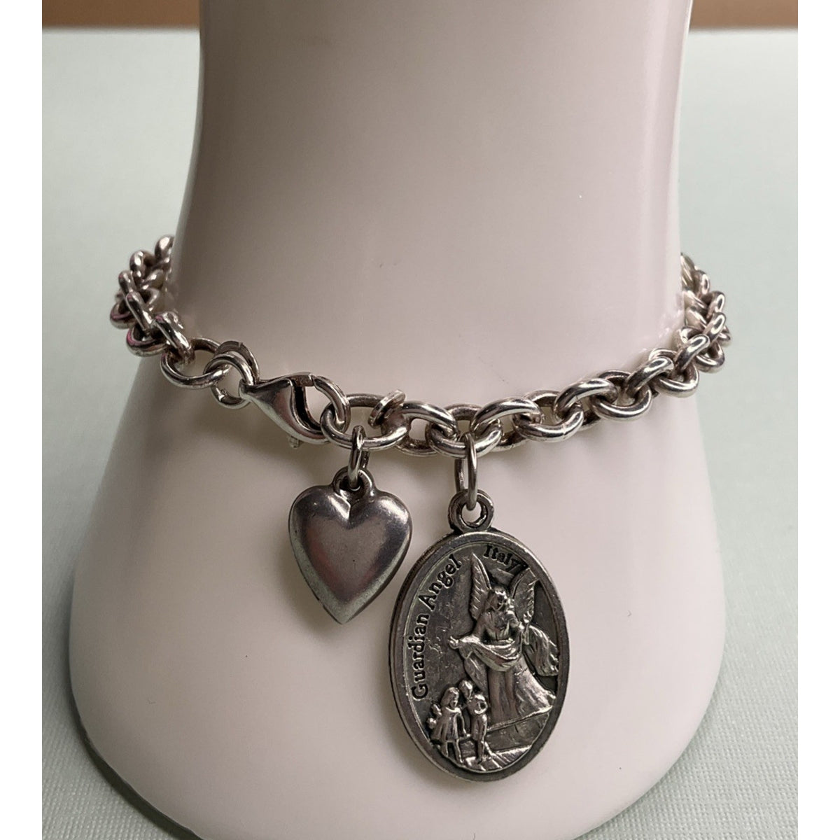 Vintage Italy Sterling Silver Guardian Angel Heart Charm Bracelet