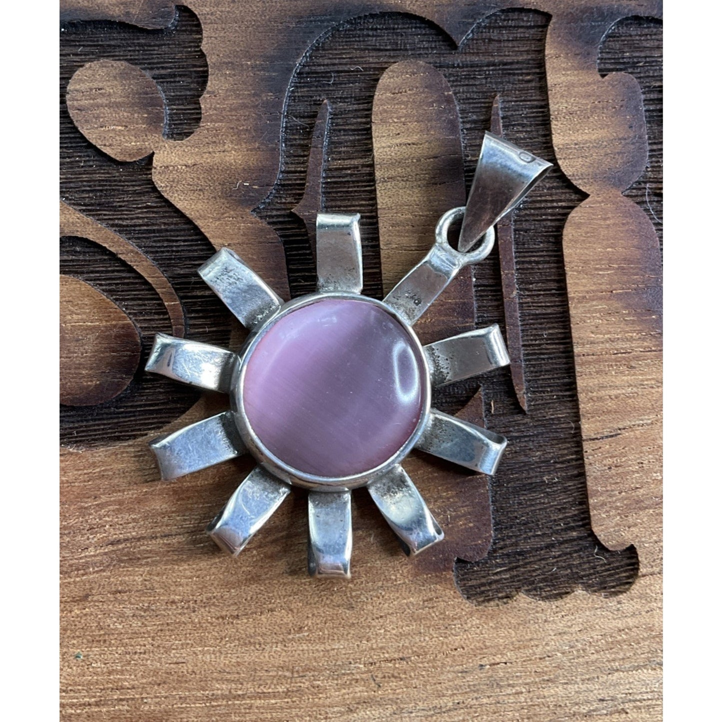 Sterling Silver Pink Cat’s Eye Sun Pendant