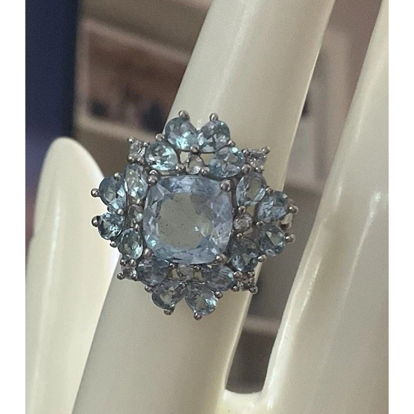 Vintage Sterling Silver Blue Topaz Cluster Ring Size 7.5 Cocktail Halo
