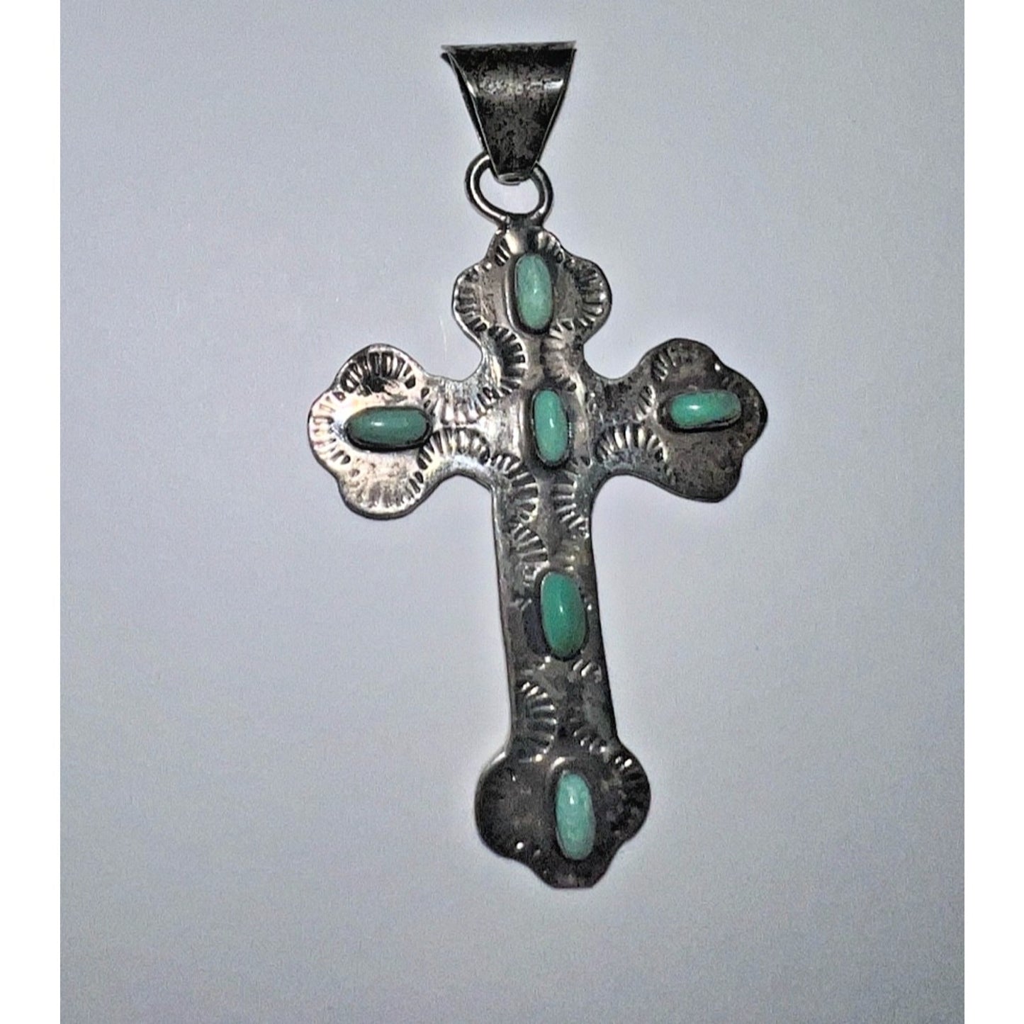 Vintage Mexican Sterling Silver Turquoise Cross Pendant 2.5 Boho Southwest Style