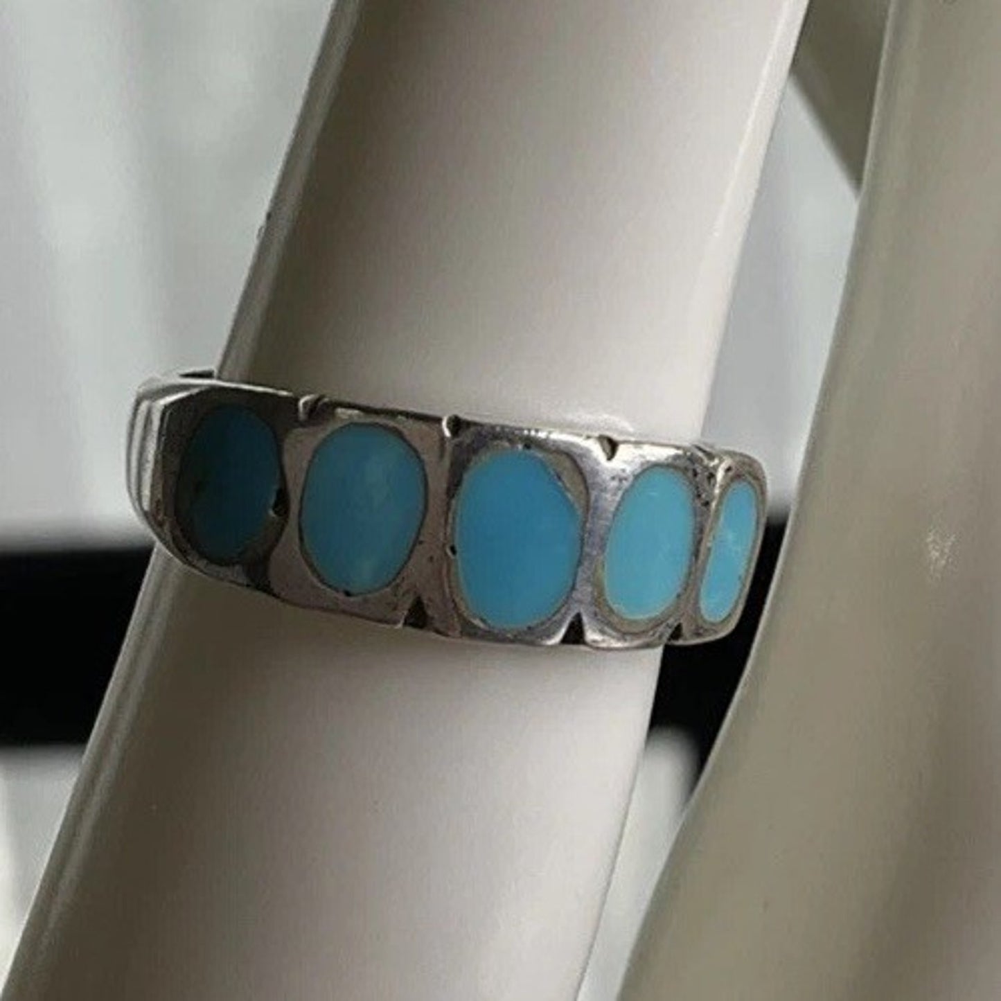 Vintage Sterling Silver Turquoise Inlay Band Ring Size 5 925 Southwestern