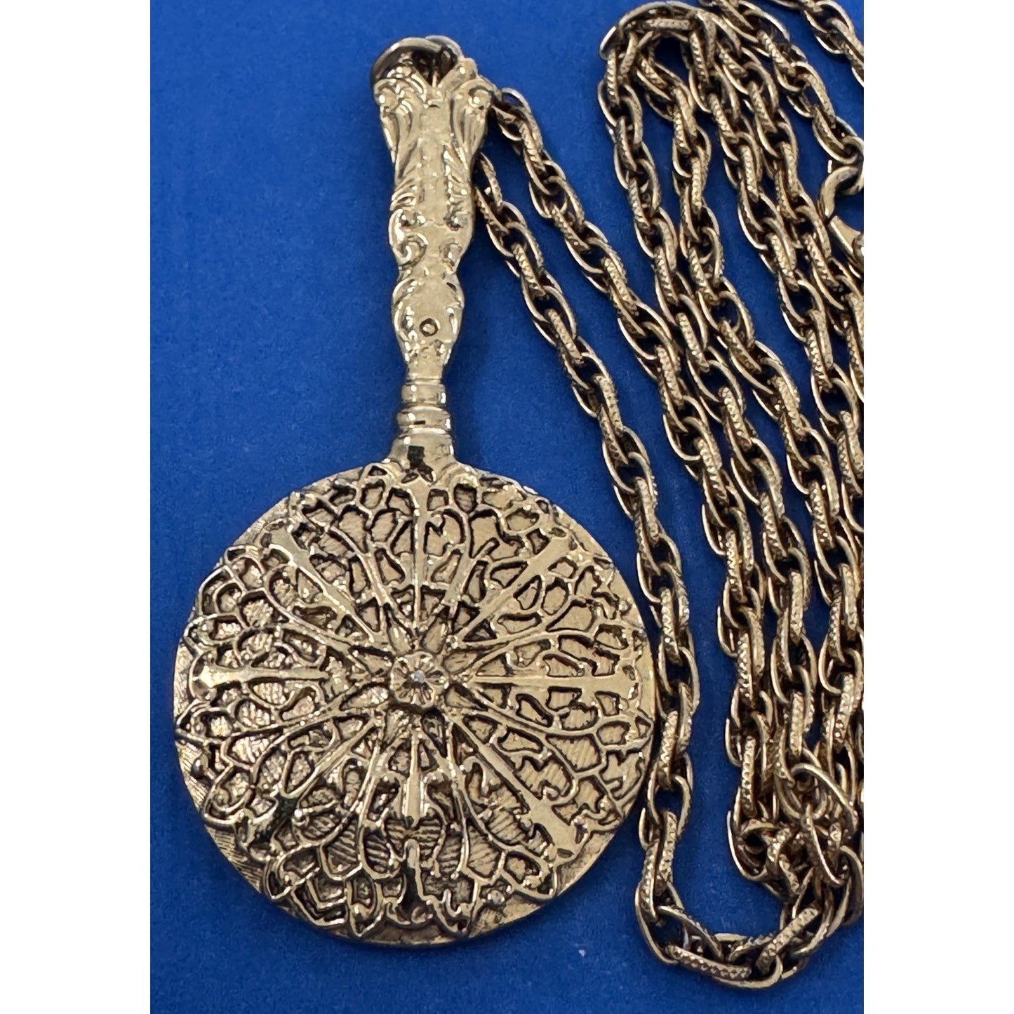 Vintage Gold Tone Hand Mirror Ornate Vanity Pendant 30” Gold Tone Necklace 1970s