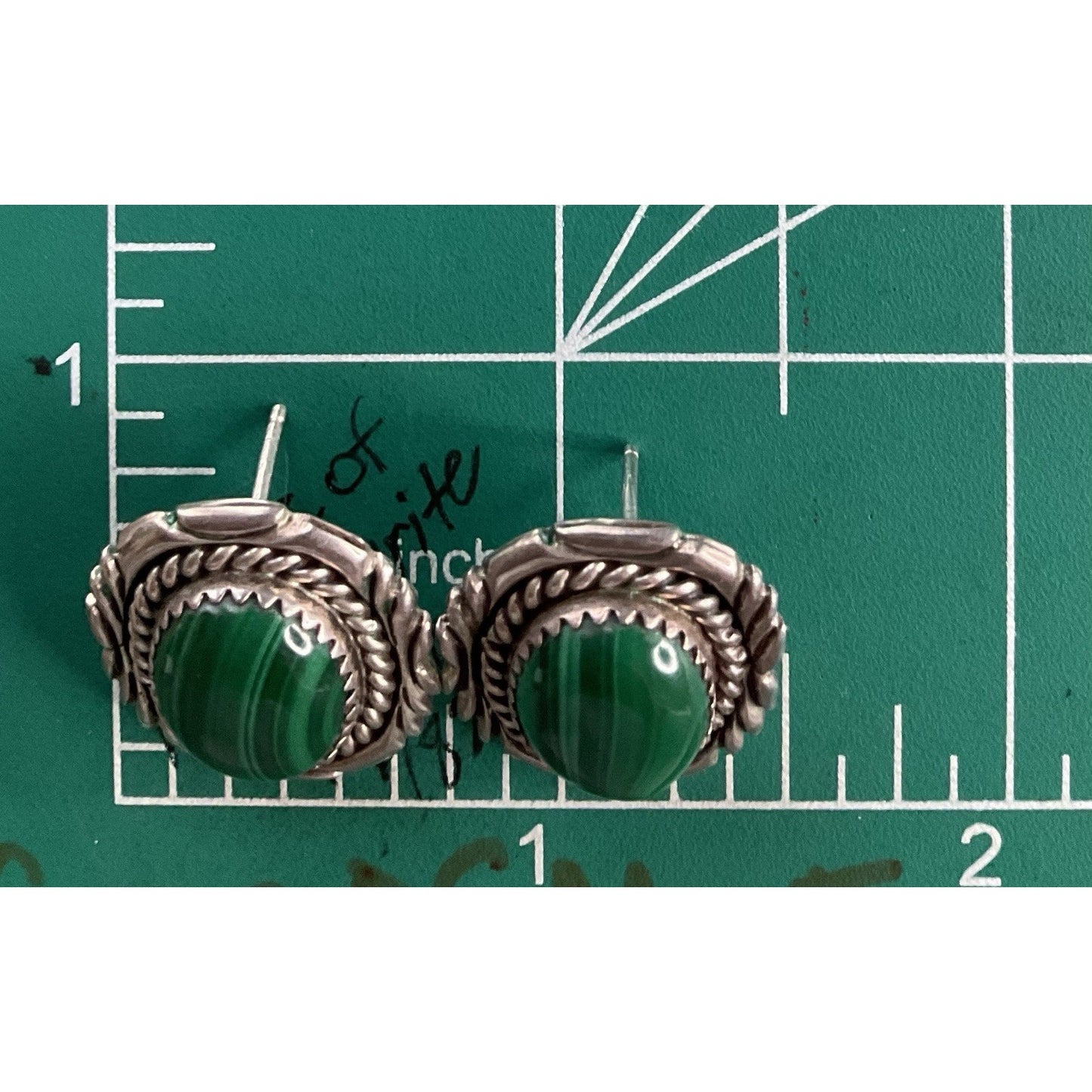 Vintage Sterling Silver Malachite Earrings Southwestern Rope Leaf Design 8.9gr