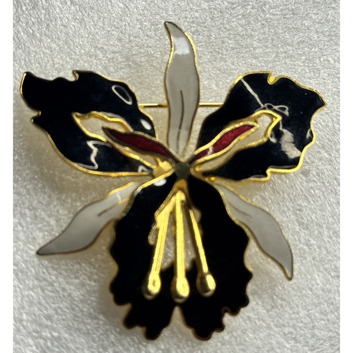 Vintage Cloisonné Orchid Flower Brooch Pin Gold Tone Black White Enamel Floral
