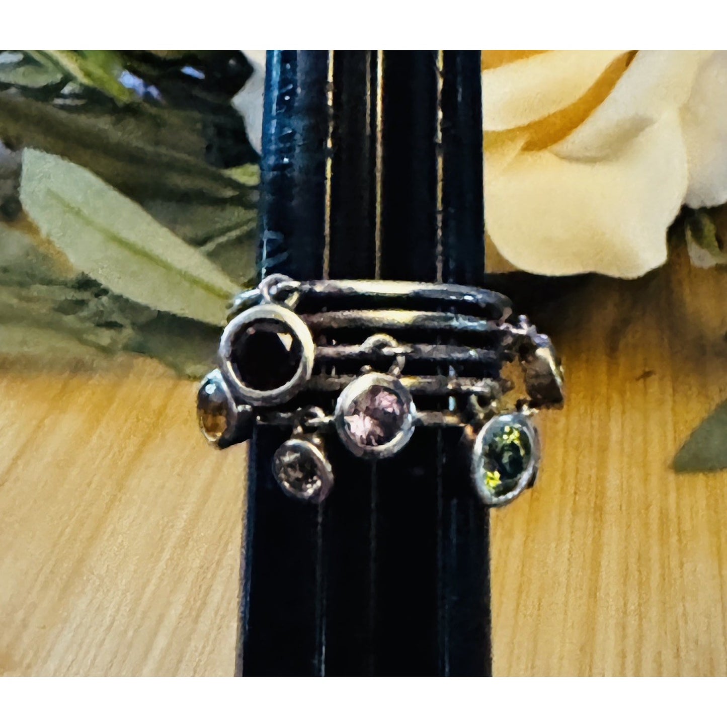 Vintage 90s Thai Sterling Silver Gemstone Dangle Ring Sz 8 Peridot Topaz Citrine