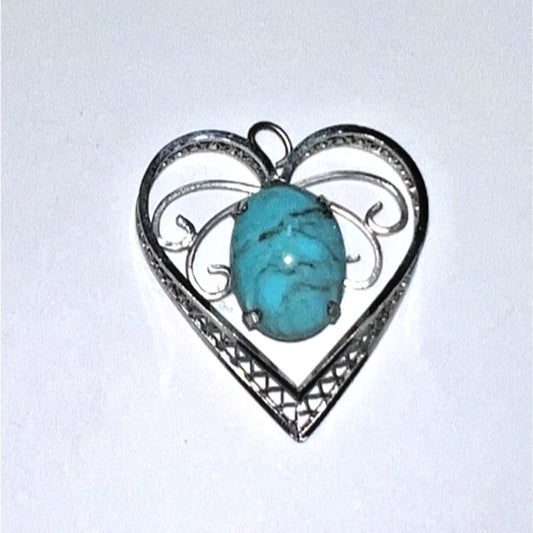 Vintage Sterling Silver Heart Pendant with Turquoise Stone