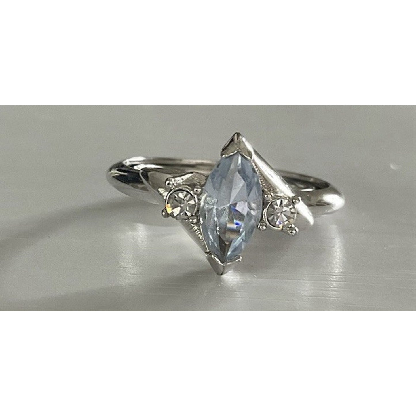 Vintage Sterling Silver 925 Blue Topaz Marquise Ring w CZ Accents Size 8.5