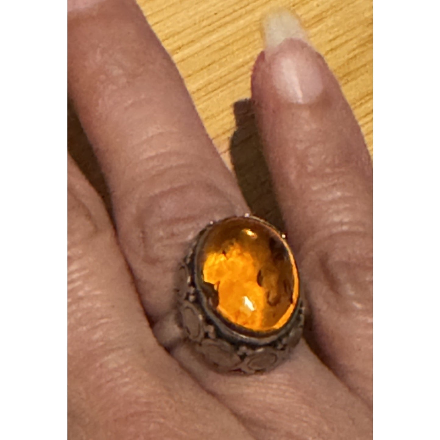Vintage Artisan Sterling Silver Honey Amber Cabochon Statement Ring Sz 7 80-90s