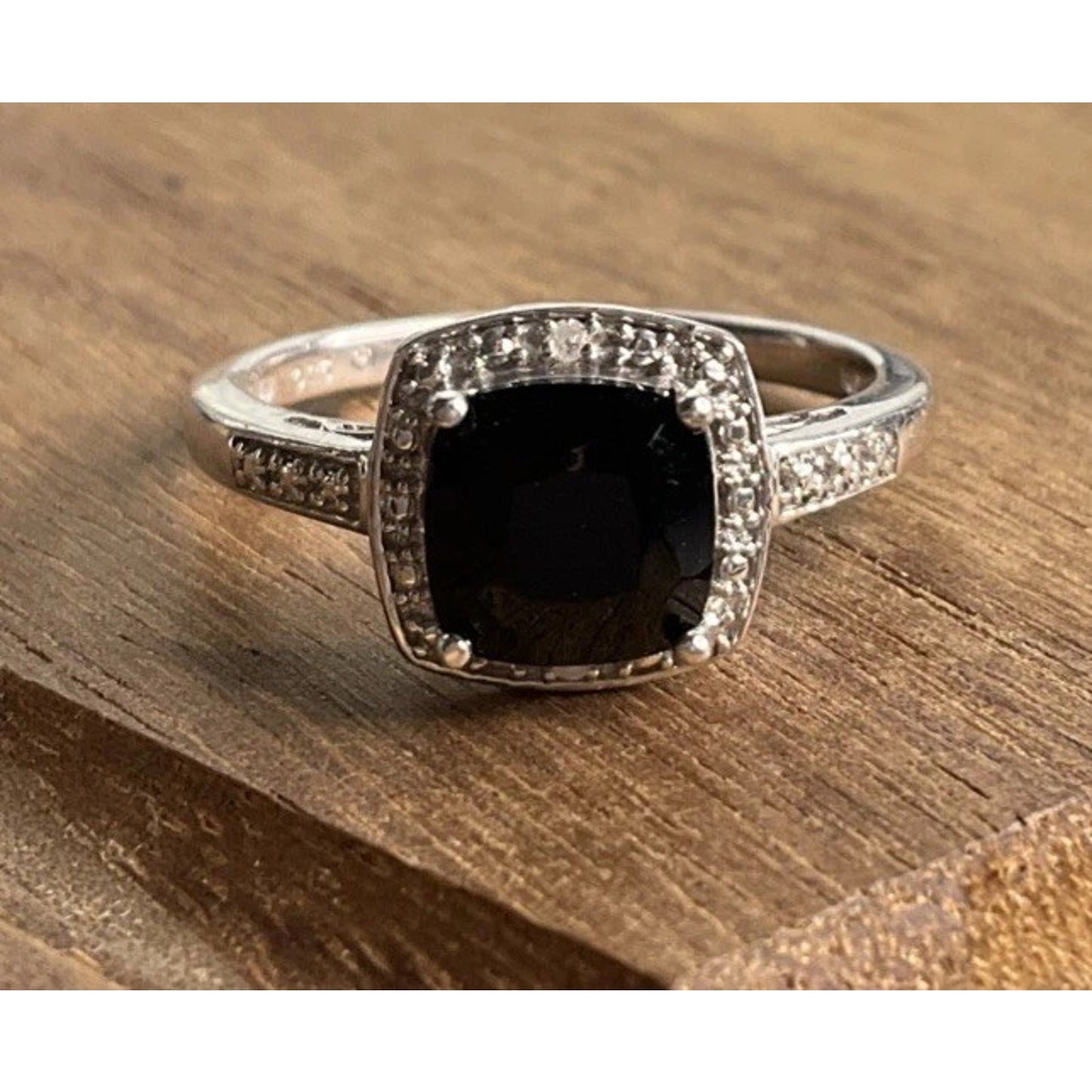 Sterling Silver Black Onyx Halo Ring Size 7.5 Cushion Cut Statement Ring 925