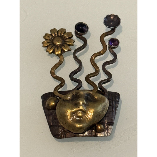 Mary Lucuk Sterlin Silver Brass Face Brooch Modernist Pin Amethyst Blue Canachon
