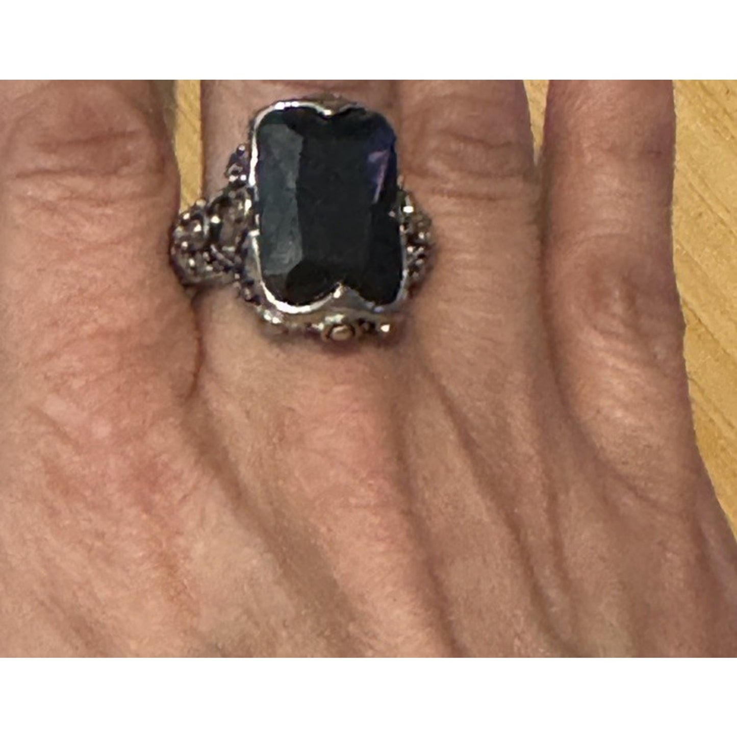 Vintage 18K GE Black Faceted Stone Cocktail Ring Gothic Victorian Revival Sz 8.5